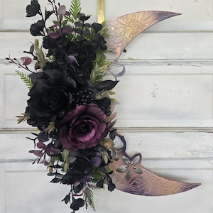 Iridescent Crescent Moon Wreath • Purple & Black Wreath • Ethereal Celestial Door Hanging • Lunar Home Wall Decor • Astrology Lovers Gift