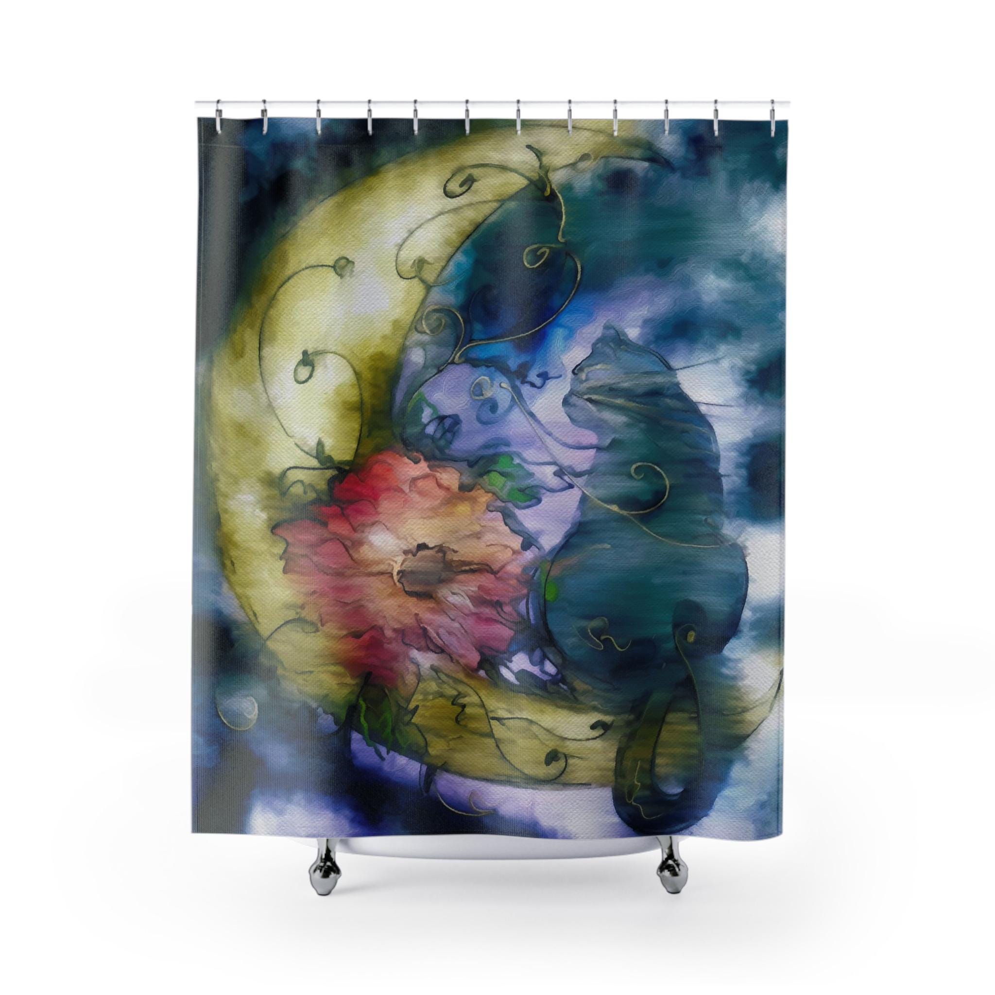 Boho Duschvorhang Mit Katzen & Mond – Schwarz/weiß, Wasserabweisend, Inkl. Haken