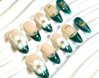 Green/Cherry Red Press On Nail Almond Nail, White flower French Tip Nails with Gold Accents Press on nails UK for party, spring, gift