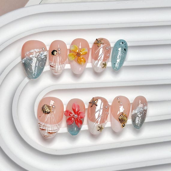 Tropical Beach Press On Nails Short /Medium Almond nail, 3D Seashell & Floral Nails, Spring Summer Vacation, Ocean Holiday, Cute Nails UK