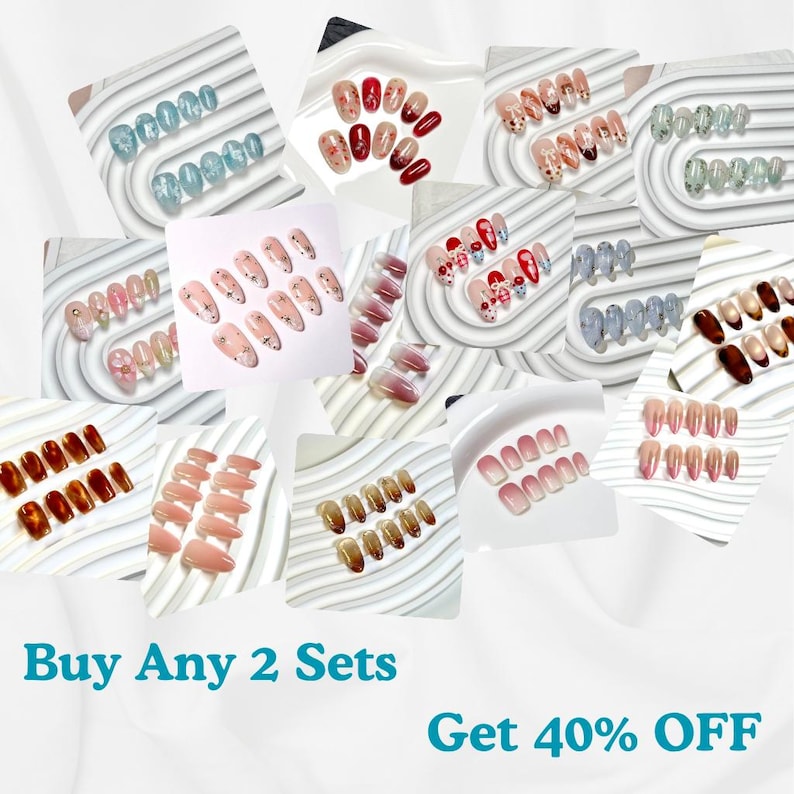 May include: A collection of various sets of press-on artificial nails featuring diverse colors, patterns, and finishes including solid tones, gradients, floral motifs, and star designs. The text Buy Any 2 Sets Get 40% OFF is displayed at the bottom.