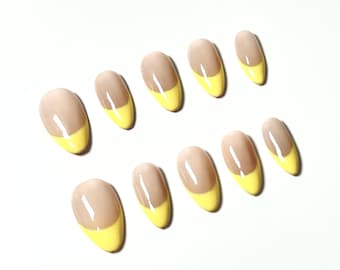 Pastel Yellow French Tip Press On Nails Short Almond Fake Nails, Glossy Spring Summer Nail Set, Reusable Stick On Nails for Everyday