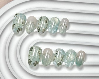 Mint Green Floral Press On Nails Short Oval, Cat Eye Fake Nails, Pastel Handmade press on Nails with Daisy for everyday, gift,spring, Prom