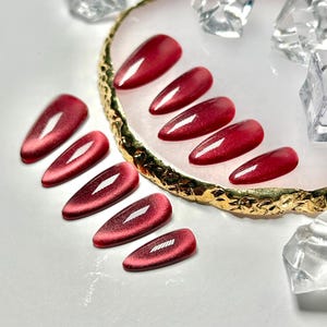 Burgundy Deep Red Cat Eye Press-On Nails Almond Nails Set handmade reusable Glam Nails for gift, wedding ,party, and everyday.