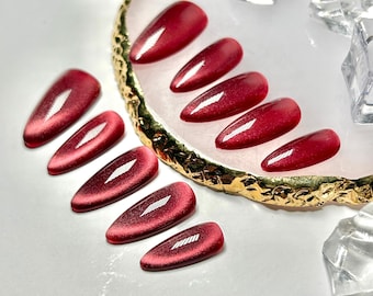 Burgundy Deep Red Cat Eye Press On Nail Almond Nail, handmade reusable Glam Fake Nails for gift, wedding ,party, and everyday, Prom