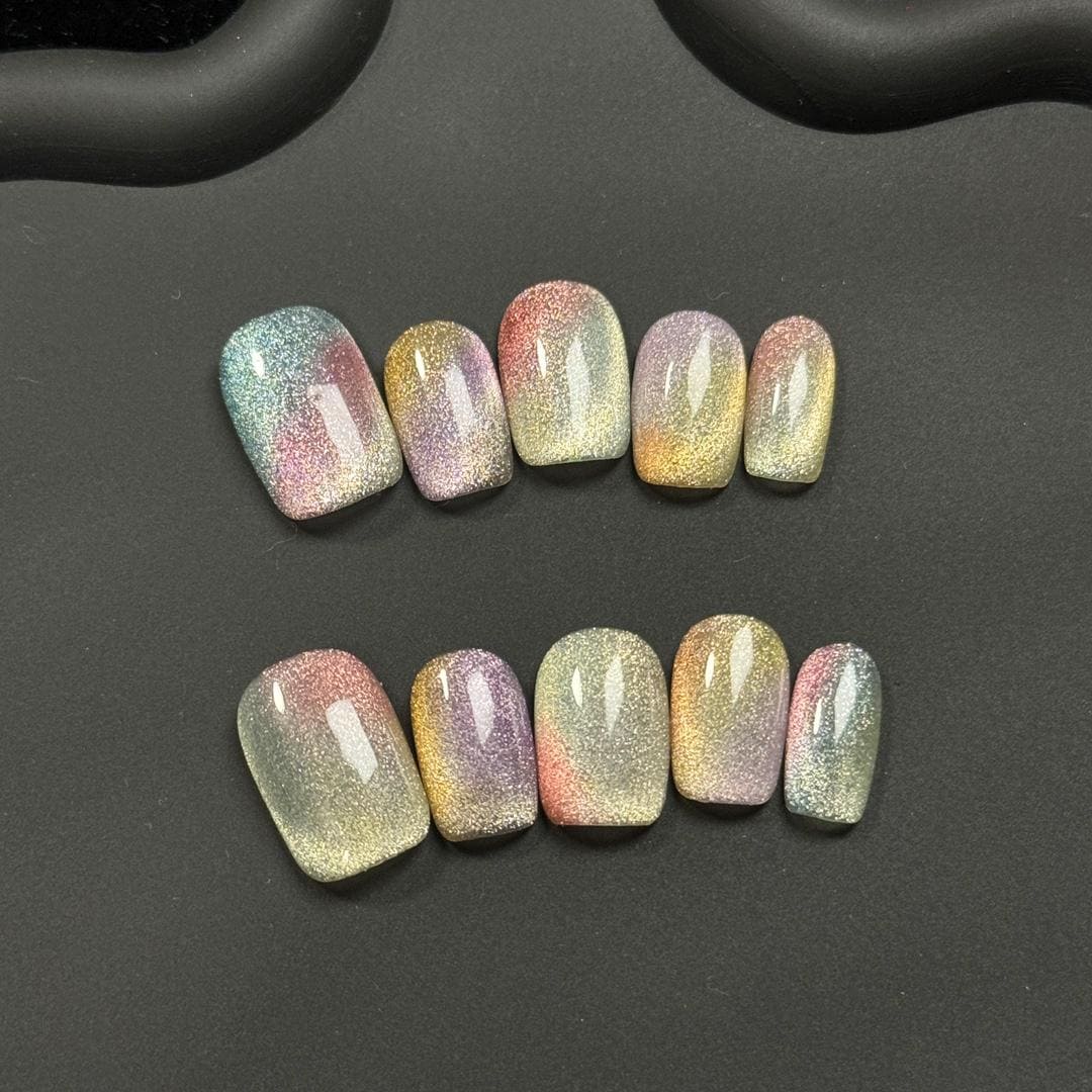Rainbow Candy Ombre cat eye Press On Nails Short square rainbow gradient nails Handmade Nail for gift, Holiday Vacation Spring Summer