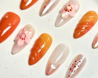Spring Floral Press On Nails Medium Almond Nail, Elegant 3D Flower Nails for Holiday, Spring, Press On Nails UK for gift