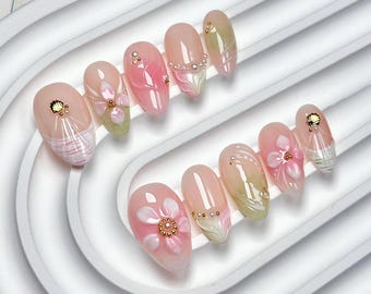 Pink 3D Floral Press On Nail Short / Medium Almond Shape ,Handmade press on Nail, Press on nails UK for gift, spring, holiday, Prom