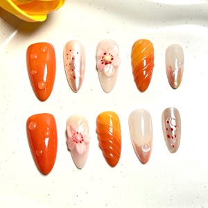Pumpkin Orange Press On Nails Medium Almond Nail Autumn Halloween 3D Flower Nail Art UK, Party Nail, Autumn Nail, wedding nail