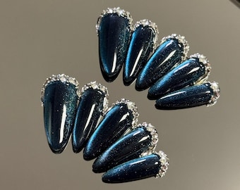 Royal Blue Cat Eye Press On Nails Almond Nail, Dark Blue nail with Rhinestone, Gothic Nails for gift, Parties, Prom