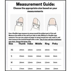 May include: A measurement guide chart for press-on nails featuring three illustrations of a finger with a measuring tape. The text includes instructions on how to measure nail width and a table listing sizes XS, S, M, and L with measurements in mm.