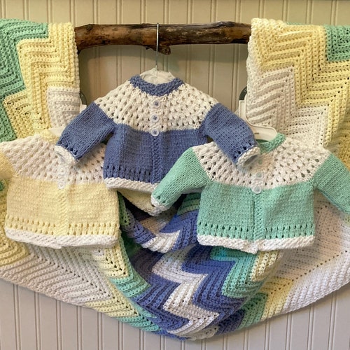 Coastal Vibes Baby Blanket 2024 & Sweater Set: One of a Kind, hand crafted, unique heirloom gift. Seaside chic for baby in soft washed tones.