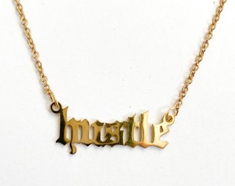 Hustle Necklace, 18K Gold Plated Year Necklace, Word Necklace