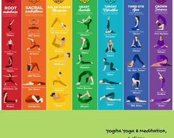 Curación de chakras / Cuadro de posturas de yoga / Cuadro de enseñanza de yoga / Práctica de yoga para estudiantes / Diagrama de flujo de yoga para chakras / Clase de yoga / Materiales de yoga / Yoga