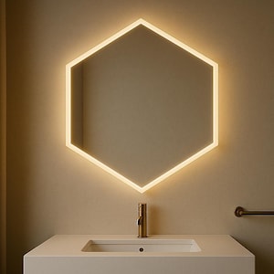 May include: A contemporary bathroom setting with a hexagonal mirror, illuminated by a warm light. Beneath the mirror, a white countertop houses a sink and a gold tap. The cabinet below is crafted from wood.
