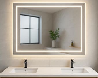 Modern LED Backlit Wall Mirror, Frameless Sandblasted Edge.