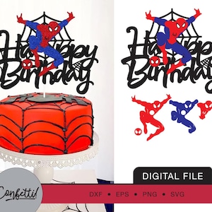 Spinne Superhero Happy Birthday Cake Topper Multi Layer, Spidey SVG / DXF / EPS / Png Schneidedatei, Laser geschnitten / Cricut / Plotter Vektor-Datei