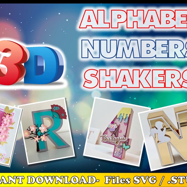 Lettres 3D, alphabet 3D, nombre 3D, svg, studio, bricolage, shaker, papercraft, décoration, topper, fichier de coupe, vecteur, camée, Cricut