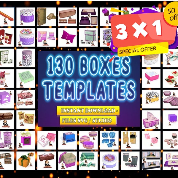 Kit Cajas, cajas 3D, 130, plantillas, svg, estudio, cameo, cricut, manualidades en papel, decorativas, fiesta, caja, archivos cortados