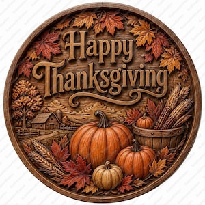 Könnte beinhalten: Eine kreisförmige Holzplakette mit dem erhabenen Schriftzug Happy Thanksgiving. Das Design zeigt geschnitzte Motive einer rustikalen Scheune, eines Baumes, Weizenähren und drei orangefarbene Kürbisse in einem Holzkorb und auf dem Boden.