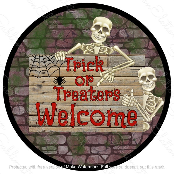 Welcome Trick or Treaters rond panneau dur conception de sublimation PNG, squelettes, signe de couronne, accroche-porte, panneau mural, imprimable, Halloween, automne