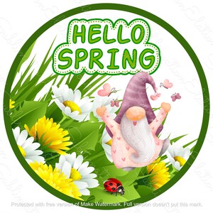 Hello Spring round hardboard PNG sublimation design, spring gnome, butterflies, flowers, ladybug, wreath sign, door hanger, spring decor