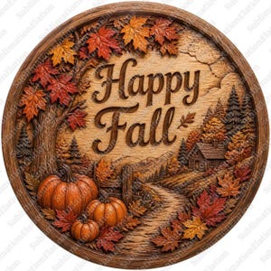 Op de afbeelding: Een rond houten bord met de tekst Happy Fall in een sierlijk lettertype. Het ontwerp toont een uitgesneden landschap met een kleine hut, een zandpad, dennenbomen en drie oranje pompoenen. De rand is versierd met herfstachtige esdoornbladeren.