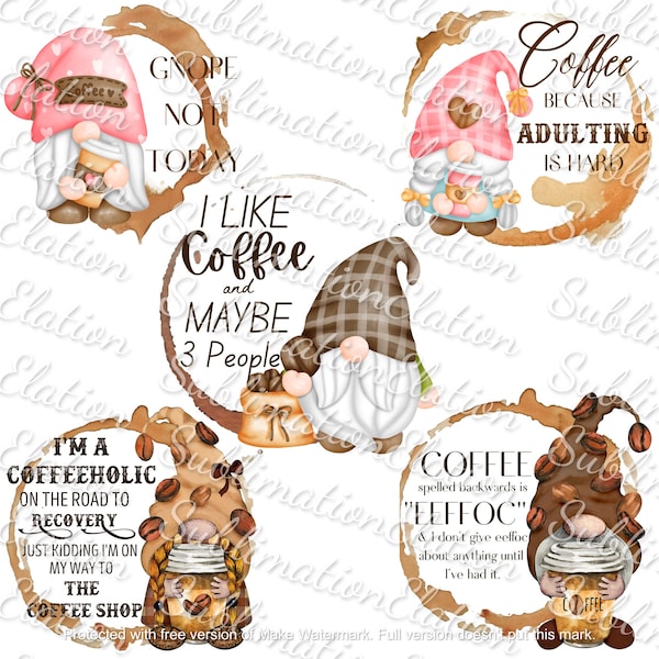 Set of 5 - Coffee Gnomes -Whimsical Coffee Gnomes, Sublimation PNG, Digital Download, Printable Wall Art, Coffee Decor, coffee mug, coasters