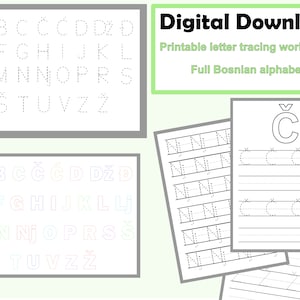 May include: Printable letter tracing worksheets for the Bosnian alphabet. The image shows a sample worksheet with the letter "C" and a full alphabet chart with dotted letters.