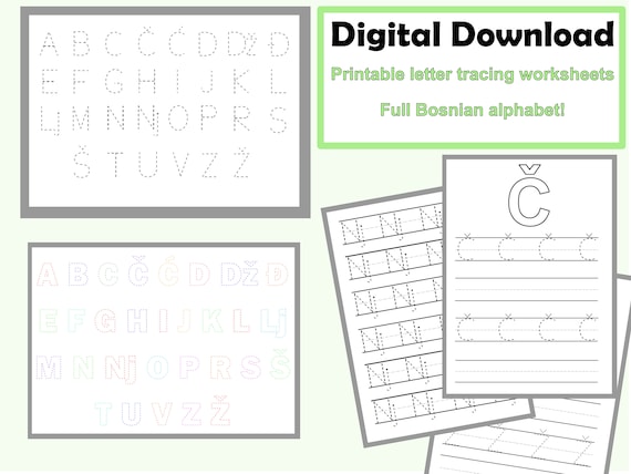 Bosnian Alphabet Letter Tracing Worksheets for Kids, Learn to Write Bosnian, Bosanski, ABC Writing Practice
