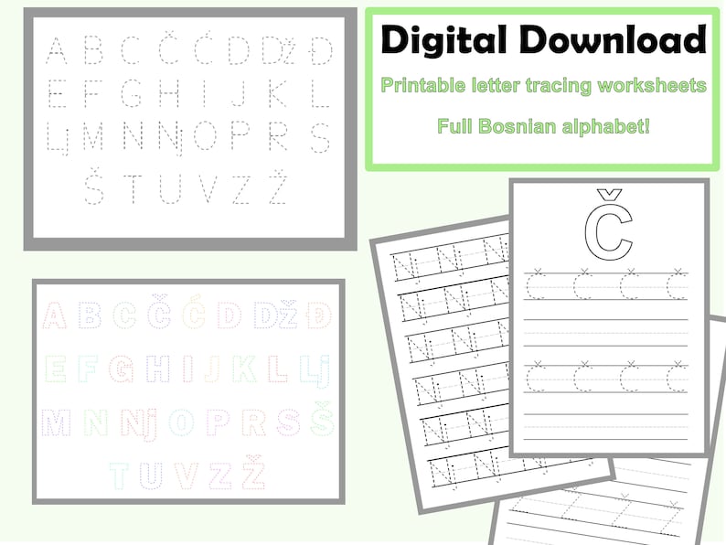 May include: Printable letter tracing worksheets for the Bosnian alphabet. The image shows a sample worksheet with the letter "C" and a full alphabet chart with dotted letters.