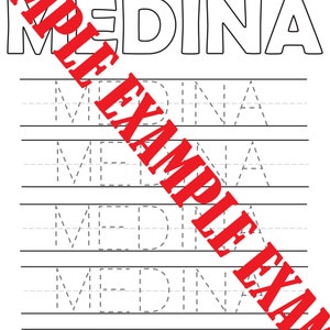 May include: A black and white worksheet with the word "MEDINA" written at the top. The word "MEDINA" is written five times in dashed lines for tracing practice. The text "Ja se zove" is written in black at the top of the page.