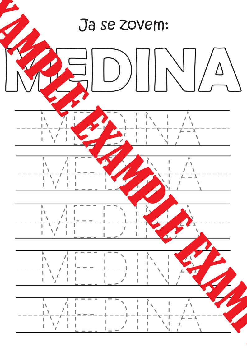 May include: A black and white worksheet with the word "MEDINA" written at the top. The word "MEDINA" is written five times in dashed lines for tracing practice. The text "Ja se zove" is written in black at the top of the page.