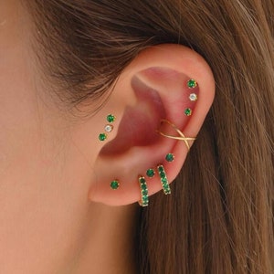 13Pcs/Earring Set, 18k Gold plated Earring Stack, Green Cartilage Stud Earrings, Multiple Piercing, Dainty Emerald Earrings,