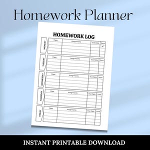 Homework Planner for Kids,Homework Tracker, Childs Homework, Printable Study,Child Planner,Student Tasks,School Organizer,Homework Agenda