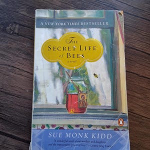 May include: A paperback book titled "The Secret Life of Bees" by Sue Monk Kidd. The cover features a yellow oval with the title, a jar with a red liquid, and a bee. The book is a New York Times Bestseller.
