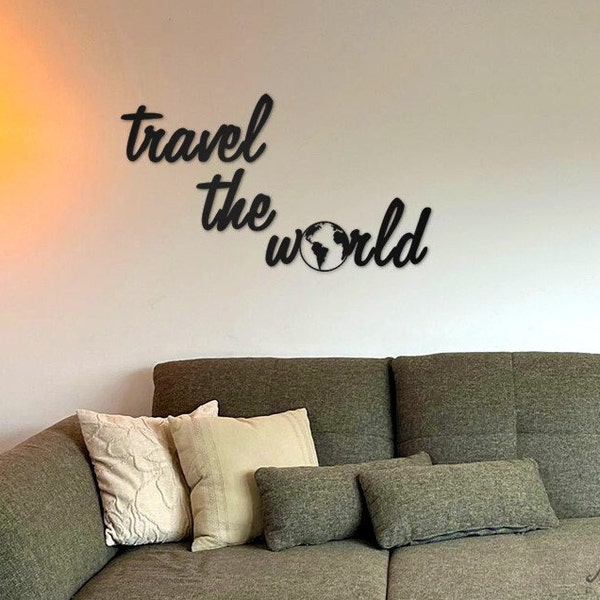 Schriftzug "Travel the world" aus Holz für Fotowand Urlaubsbilder, Wanddeko, Welt, Globus, Weltkugel, Bilder, Poster