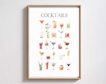 Kleurrijke cocktailillustratie kunstafdruk: barwagen keukendecor (digitale download)