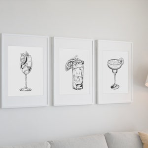 Juego de impresiones de cócteles de 6 / Arte de pared de cócteles en blanco y negro / Impresiones digitales de cócteles