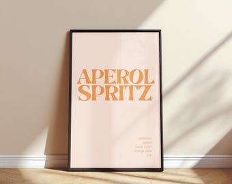 Aperol Spritz-recept afdrukken | Uitdagende oranje cocktailmuurkunst | Digitale download