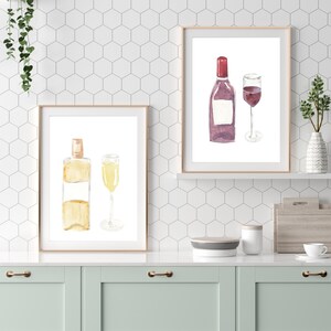 Watercolor Wine Bottle and Glass Set of 2 | Digital Wine Bottle Wall Art | Red and White Wine Prints