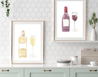 Watercolor Wine Art Print Set: Red & White Wine (Digital Download)