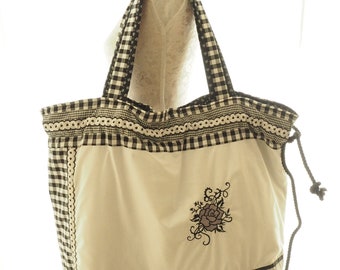 Hand-sewn large shopping bag black and white patterned