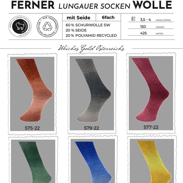 Fil à chaussettes Lungauer 6 plis avec soie 150 grammes - différentes couleurs