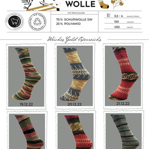 May include: Six pairs of colourful wool socks with different patterns. The socks are displayed on a white background with a title that reads "Weiches Gold Osterreichs".