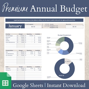 Premium Jahresbudget Tabelle | Google Sheets | Haushaltsmappe | Planer | Monatliches Budget