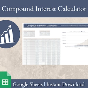 Può includere: Un foglio di calcolo di Google Sheets con un calcolatore di interessi composti. Il foglio di calcolo include un grafico che mostra la crescita di un investimento nel tempo. Il testo "Compound Interest Calculator" appare nella parte superiore del foglio di calcolo. Il testo "Google Sheets | Instant Download" appare nella parte inferiore del foglio di calcolo.