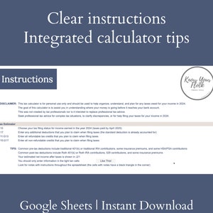 May include: A printable Google Sheet with instructions for a tax calculator. The sheet includes a disclaimer, tax estimator, and tips for pre-tax and post-tax deductions. The sheet is titled "Know Your Flock" and has a black triangle in the corner.