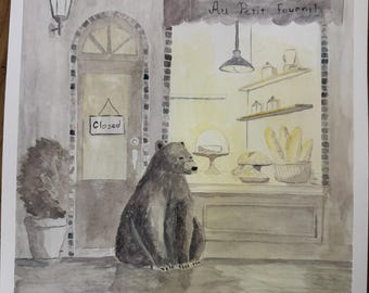 Original Framed Watercolor - Bear and the Bakery