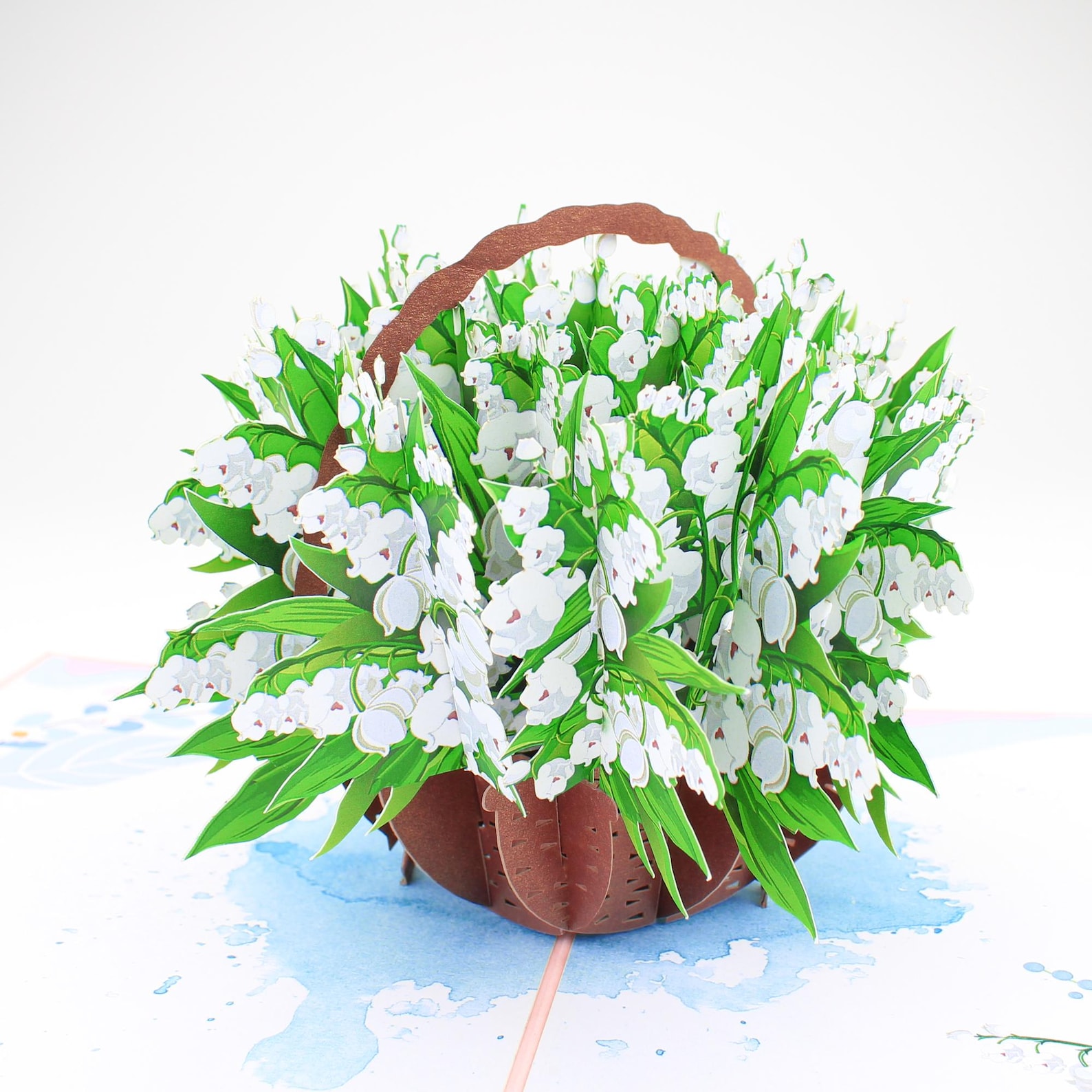 Lily of the Valley Flowers Pop-Up Card, Floral Basket, Laser-Cut Design